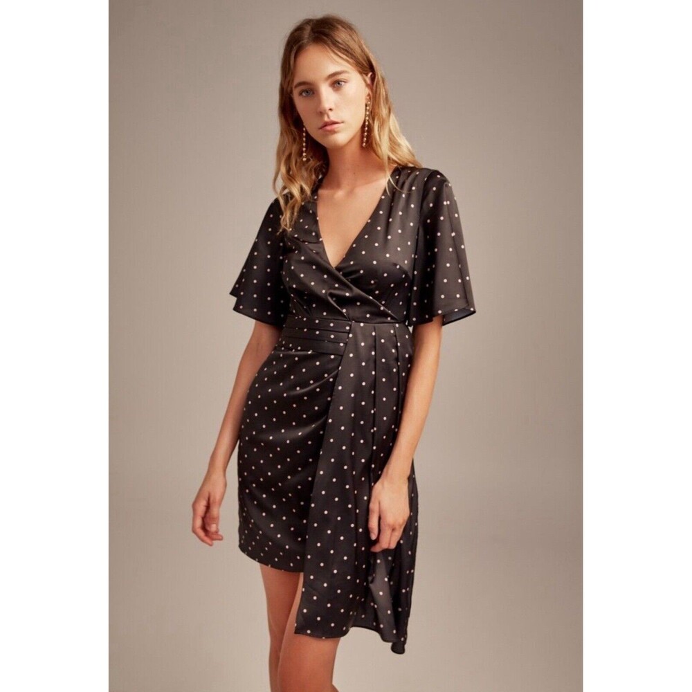 $185 KEEPSAKE Hold Back Mini Dress Black Pink Polka Dot Designer Party Wedding L